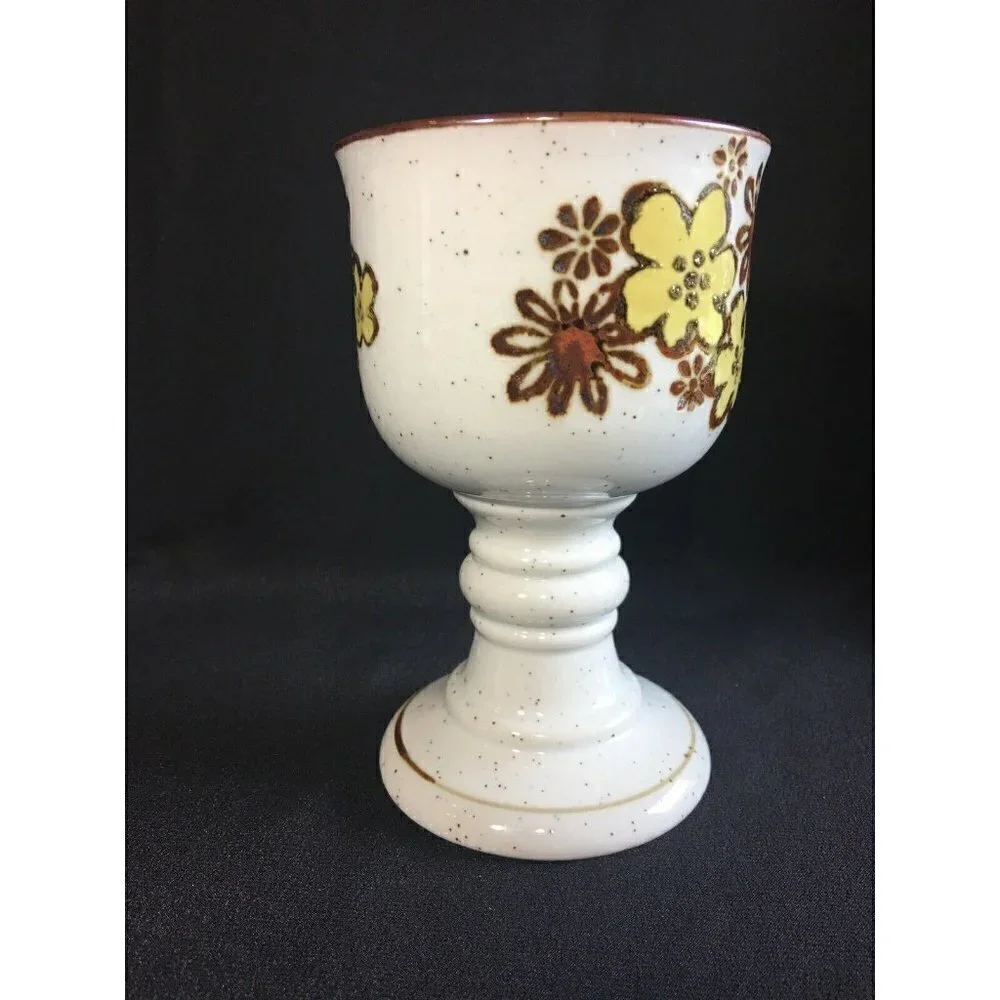 Vintage Otagiri Stoneware Goblets Wine Chalice Pansy Floral Ceramic Speckled